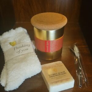 Gold Candle, Fuzzy Socks, and Oatmeal  Soap Gift Set